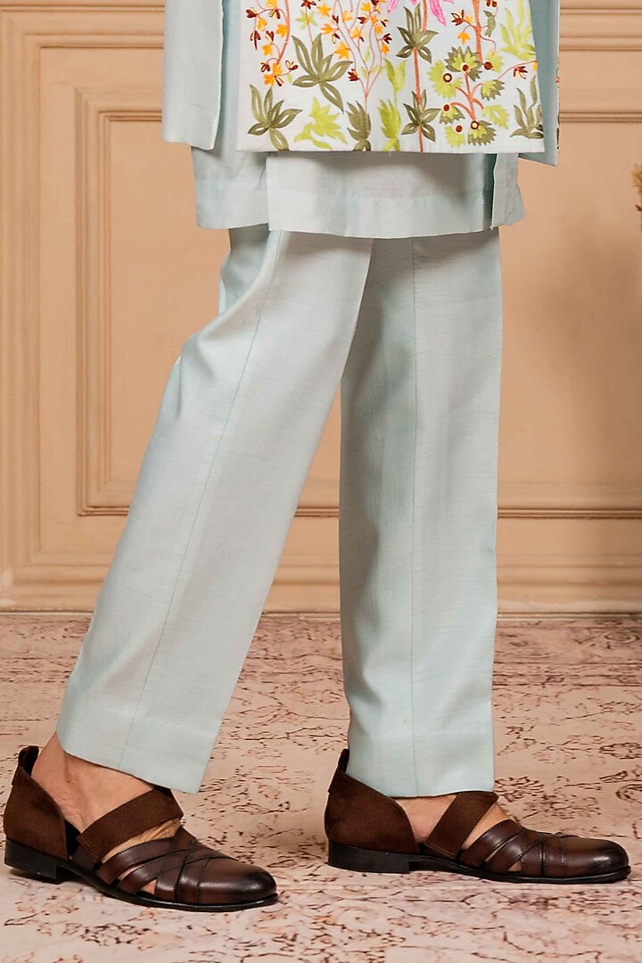 Ice Blue Dupion Silk Embroidered Long Jacket Set  by ADANI at Pernia's Pop Up Shop