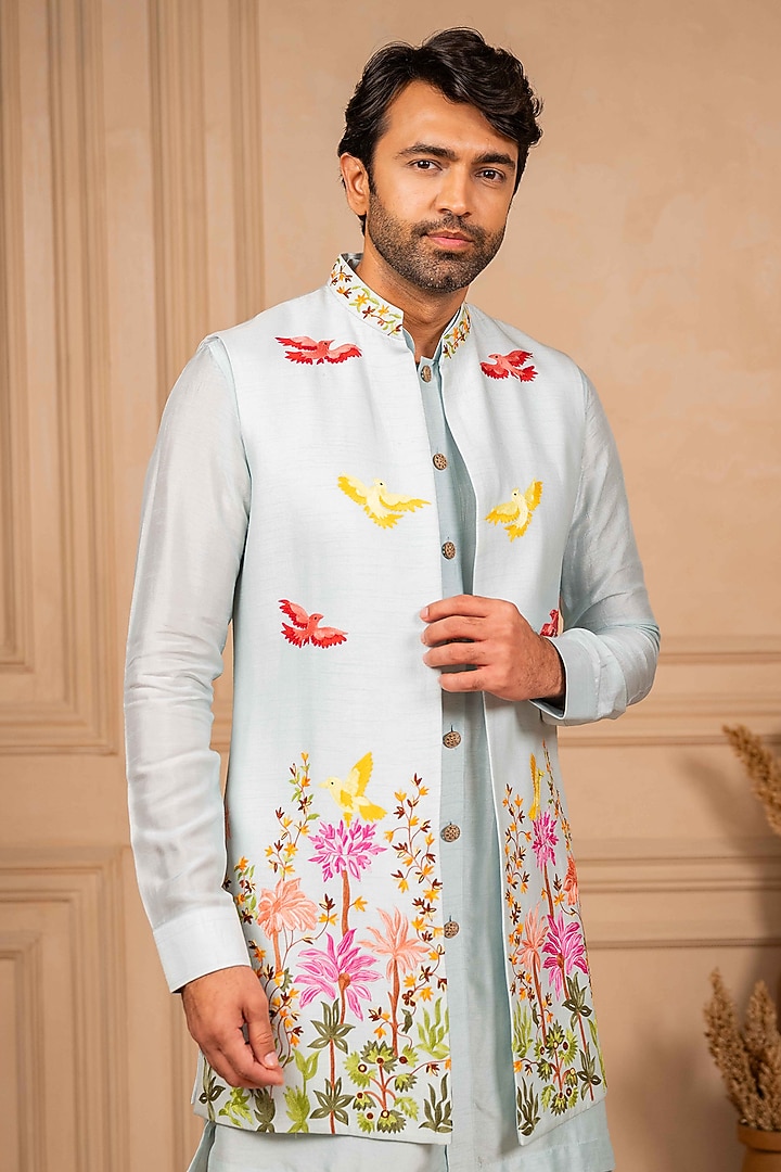 Ice Blue Dupion Silk Embroidered Long Jacket Set  by ADANI at Pernia's Pop Up Shop