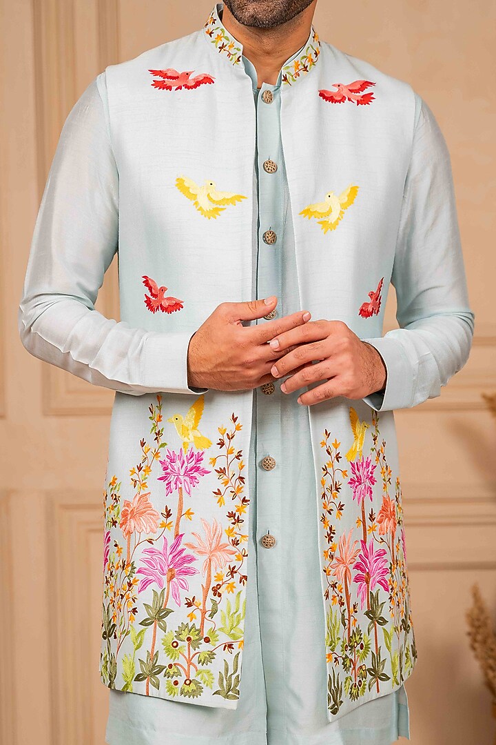 Ice Blue Dupion Silk Embroidered Long Jacket Set  by ADANI at Pernia's Pop Up Shop