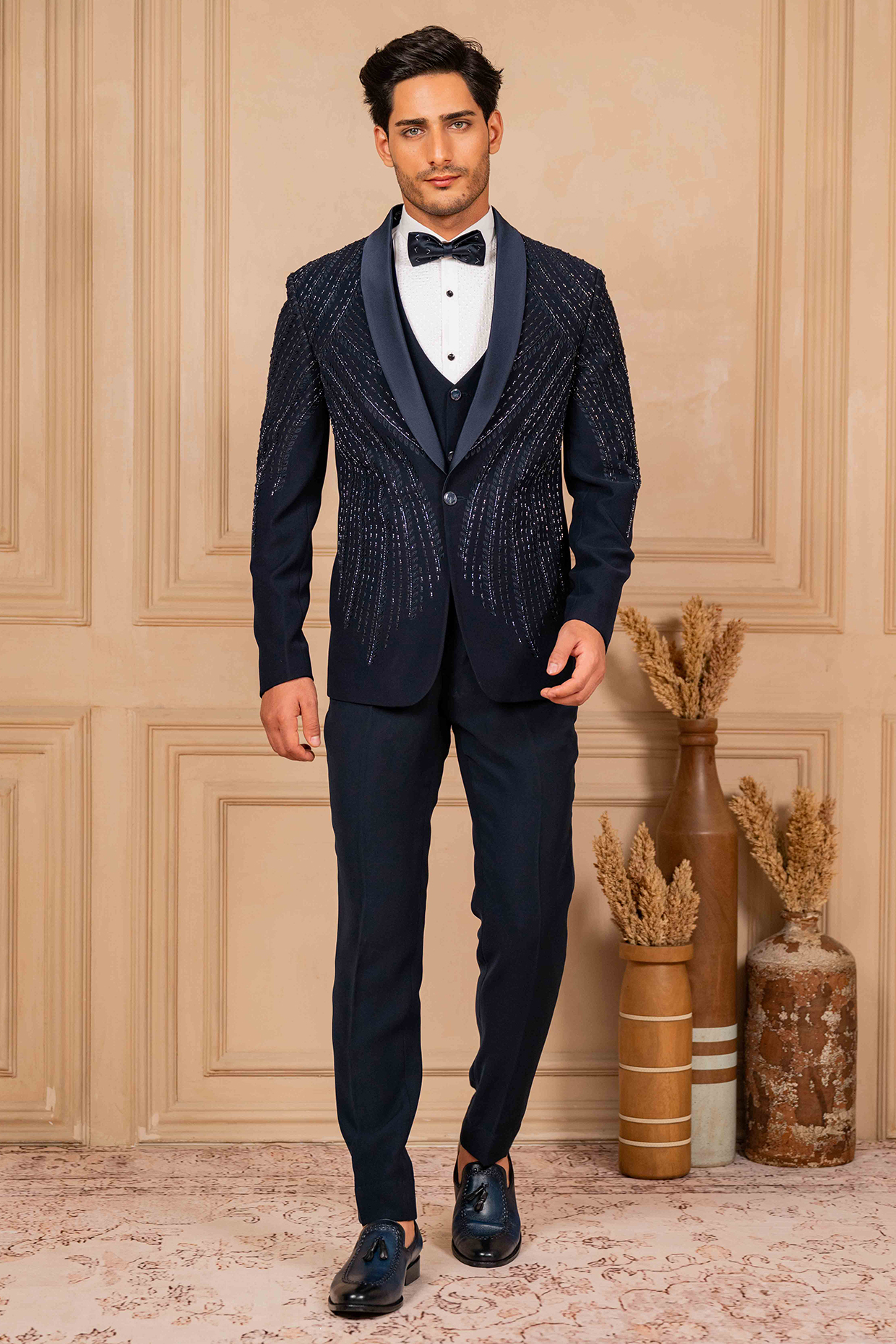 Navy Blue Poly Lycra Hand Embroidered Tuxedo Set by ADANI