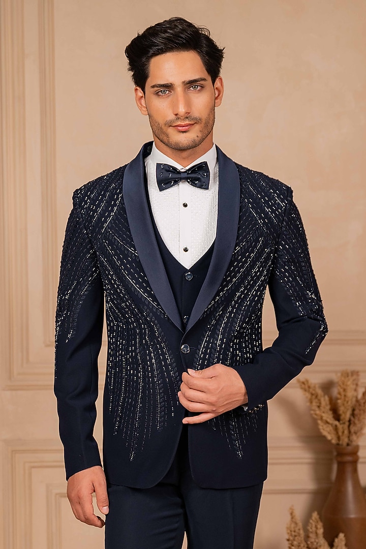 Navy Blue Poly Lycra Hand Embroidered Tuxedo Set by ADANI at Pernia's Pop Up Shop