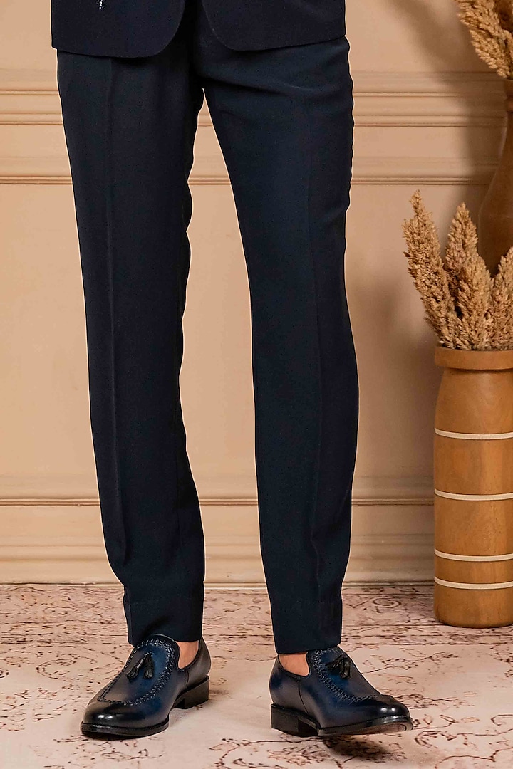 Navy Blue Poly Lycra Hand Embroidered Tuxedo Set by ADANI at Pernia's Pop Up Shop