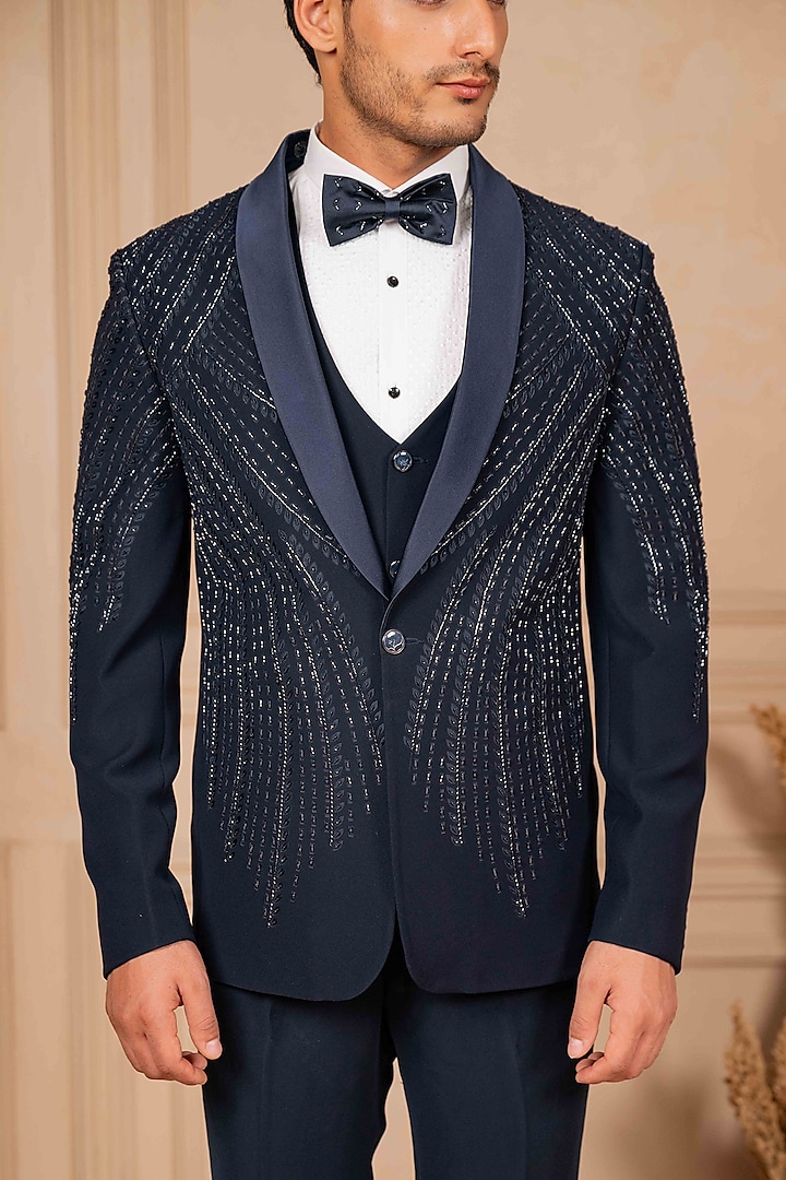 Navy Blue Poly Lycra Hand Embroidered Tuxedo Set by ADANI at Pernia's Pop Up Shop