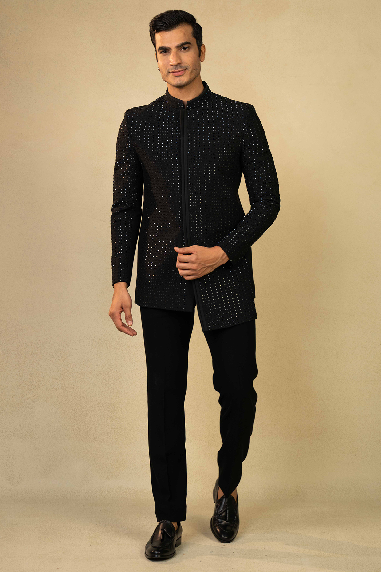 Black Poly Lycra Thread Embroidered Jodhpuri Set by ADANI