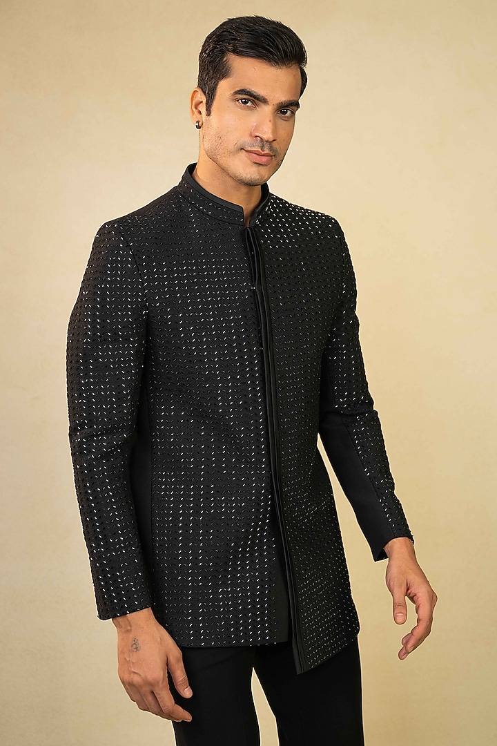 Black Poly Lycra Thread Embroidered Jodhpuri Set by ADANI at Pernia's Pop Up Shop