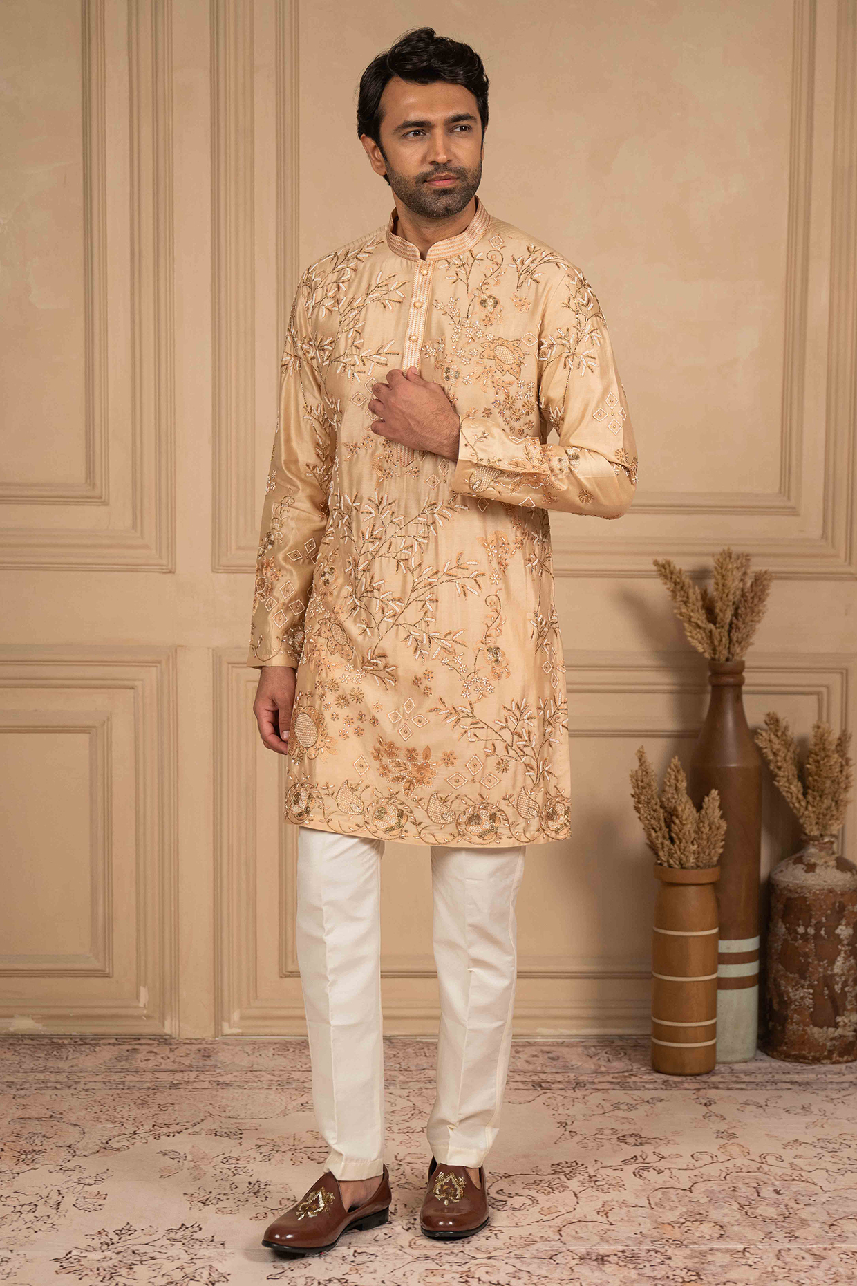 Dusty Peach Silk Aari Embellished Kurta Set by ADANI