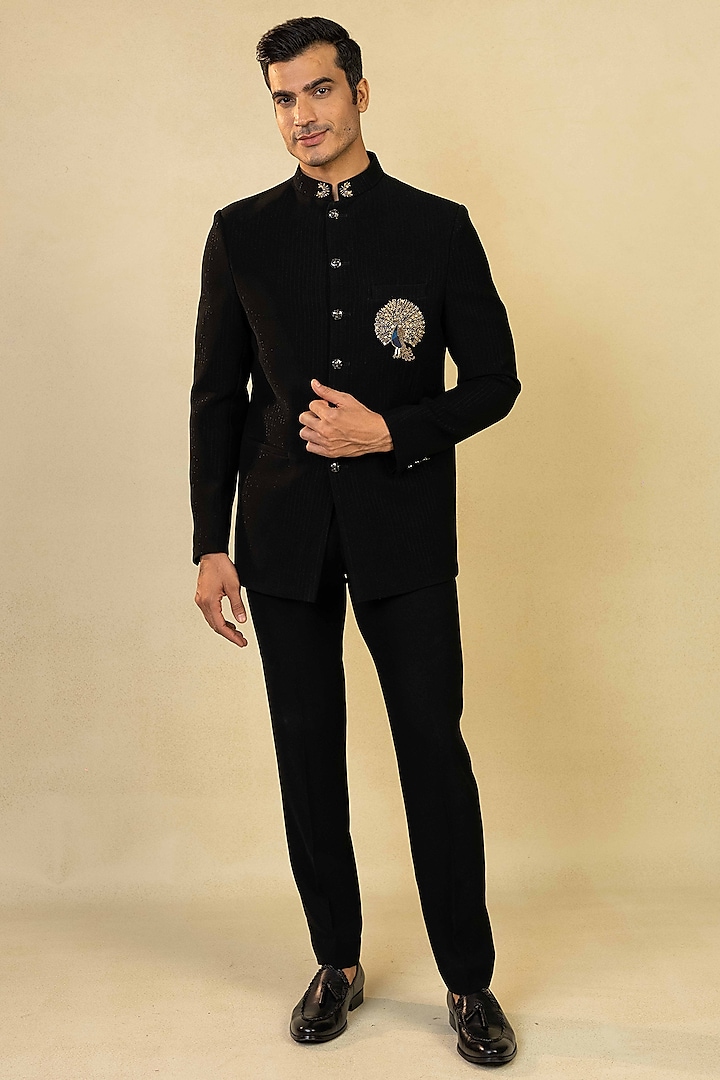 Black Poly Lycra Peacock Motif Embroidered Bandhgala Set by ADANI