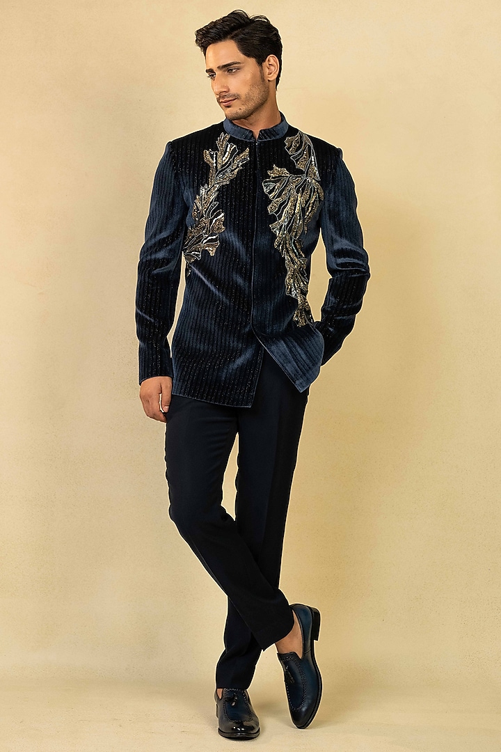 Midnight Blue Velvet Zardosi Hand Embroidered Bandhgala Set by ADANI