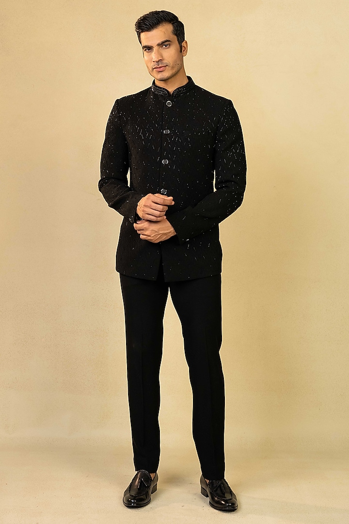 Black Jacquard Cutdana Embroidered Bandhgala Set by ADANI