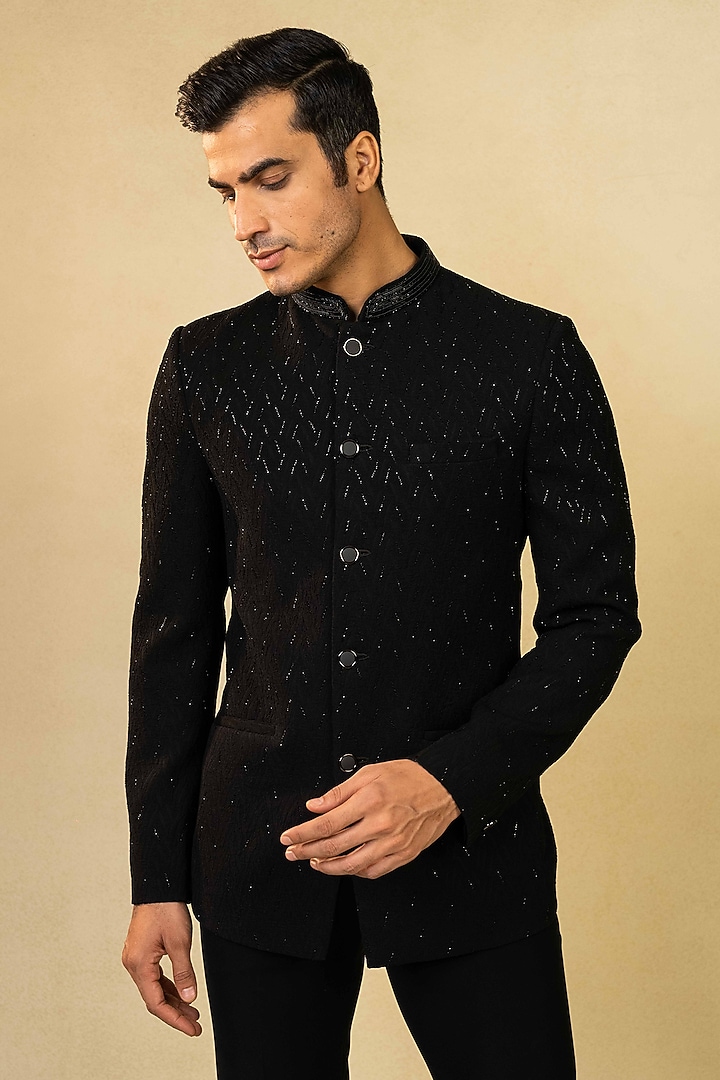 Black Jacquard Cutdana Embroidered Wedding Bandhgala Set by ADANI at Pernia's Pop Up Shop
