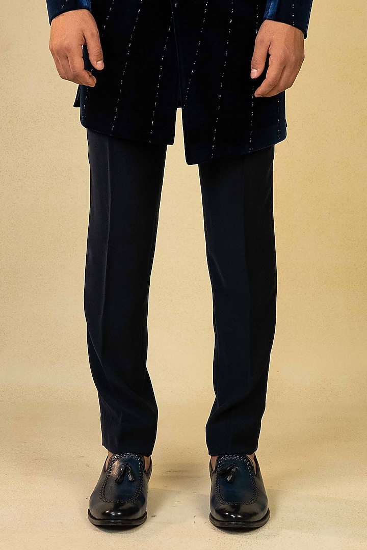 Blue Velvet Pearl Embroidered Asymmetric Indo-Western Set by ADANI at Pernia's Pop Up Shop