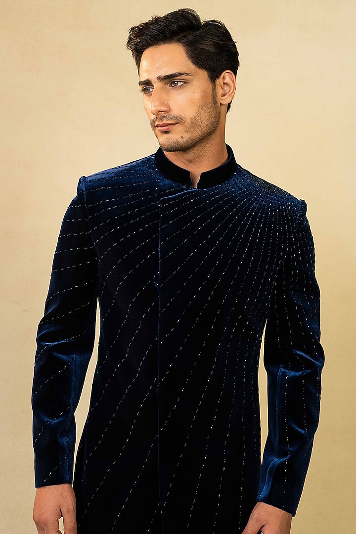 Blue Velvet Pearl Embroidered Asymmetric Indo-Western Set by ADANI at Pernia's Pop Up Shop