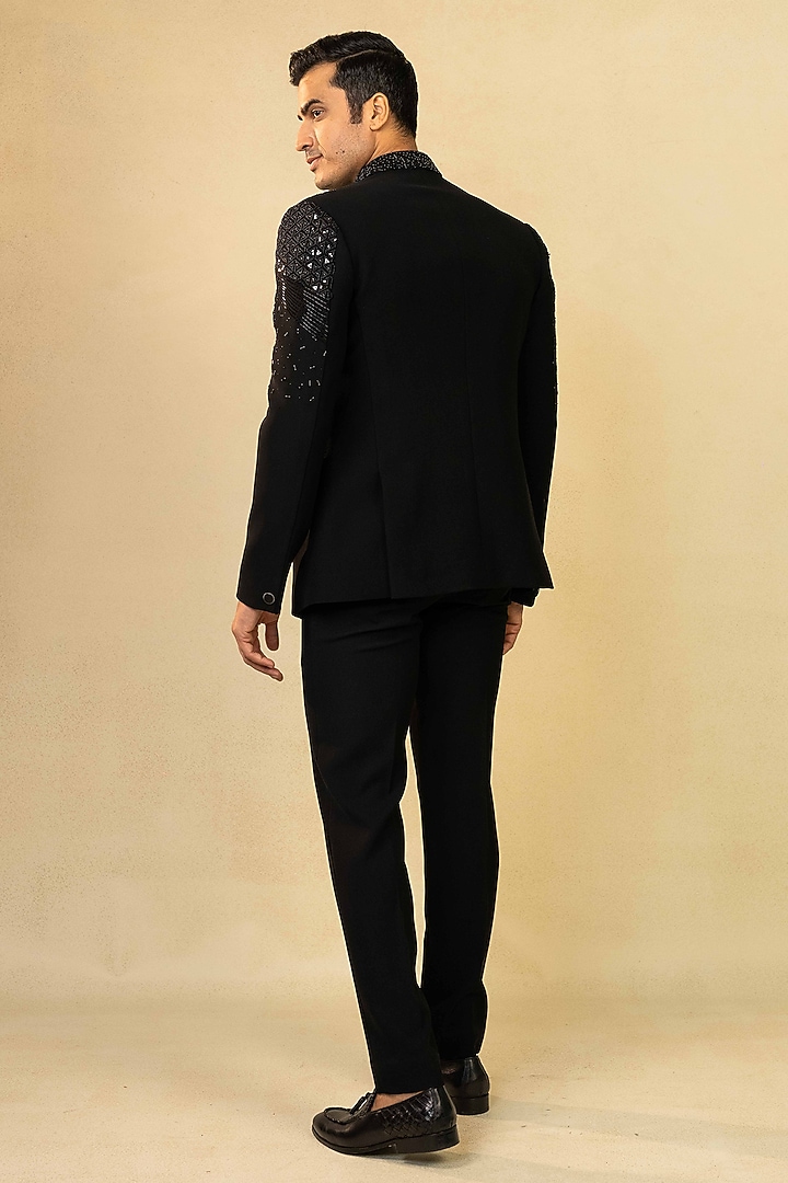 Black Poly Lycra Metallic Embroidered Asymmetric Wedding Indowestern Set by ADANI at Pernia's Pop Up Shop