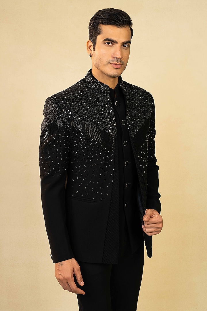 Black Poly Lycra Metallic Embroidered Asymmetric Wedding Indowestern Set by ADANI at Pernia's Pop Up Shop