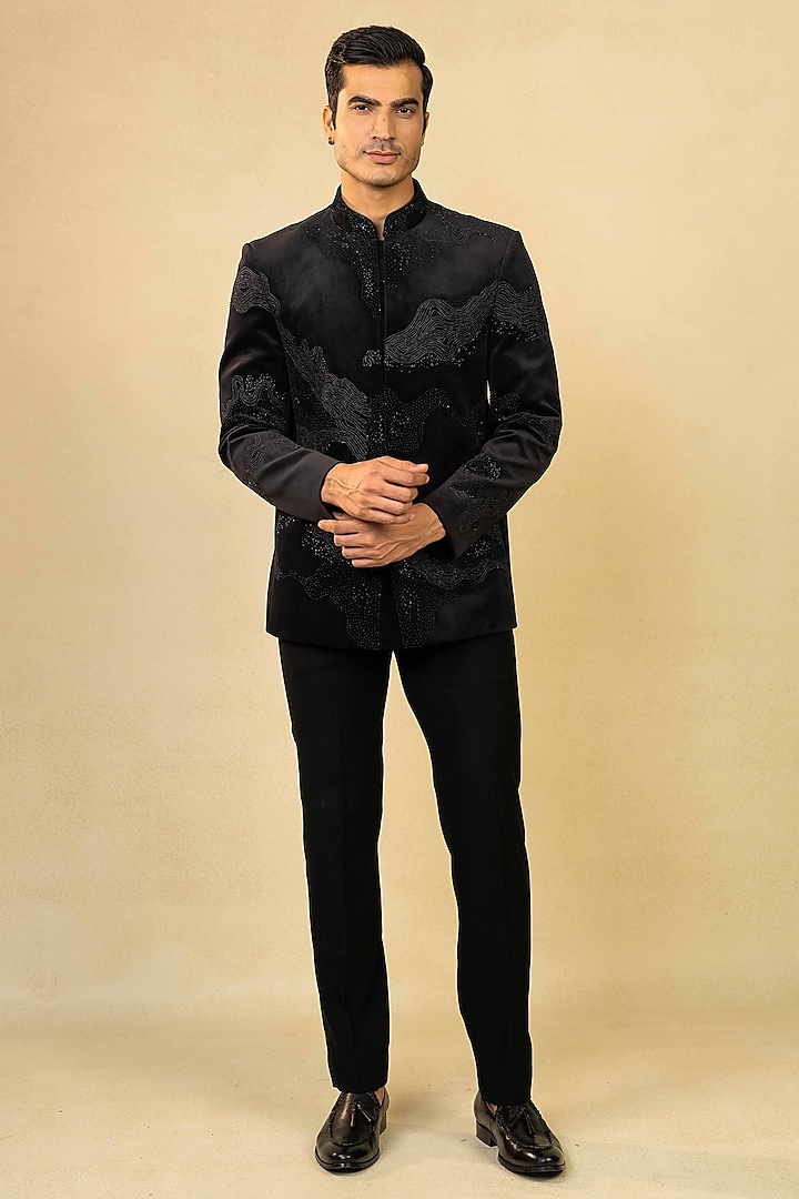 Black Suede Cutdana & Moti Embroidered Bandhgala Set by ADANI