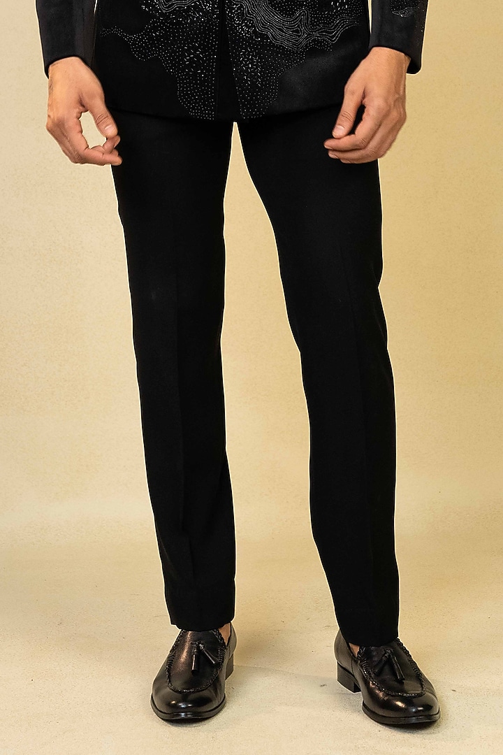 Black Suede Cutdana & Moti Embroidered Wedding Bandhgala Set by ADANI at Pernia's Pop Up Shop