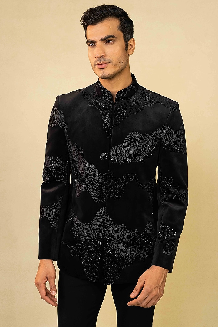 Black Suede Cutdana & Moti Embroidered Wedding Bandhgala Set by ADANI at Pernia's Pop Up Shop