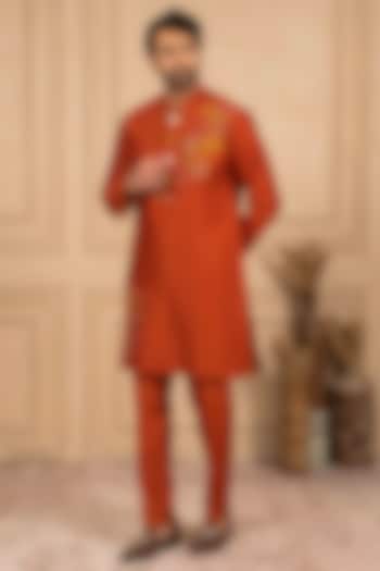 Orange Dupion Silk Floral Motif Embroidered Kurta Set by ADANI