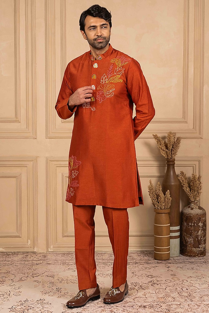 Orange Dupion Silk Floral Motif Embroidered Kurta Set by ADANI