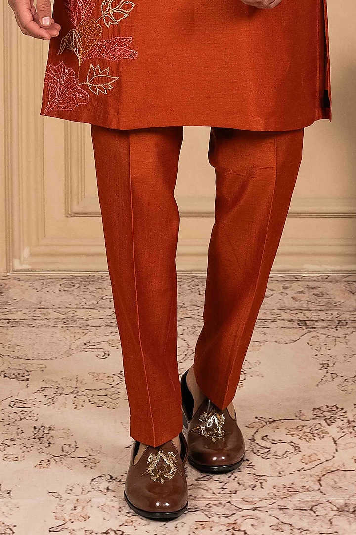 Orange Dupion Silk Floral Motif Embroidered Kurta Set by ADANI at Pernia's Pop Up Shop