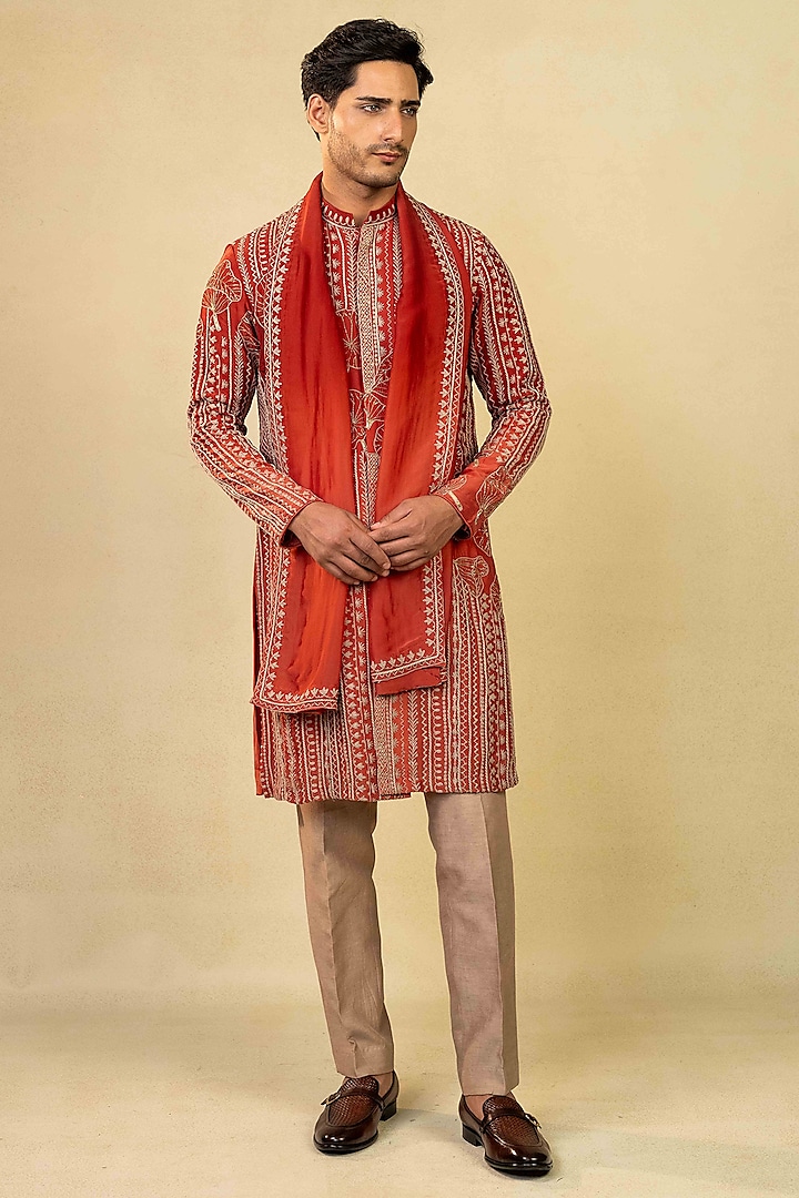 Maroon Ombre Imported Jumping Marodi Embroidered Kurta Set by ADANI