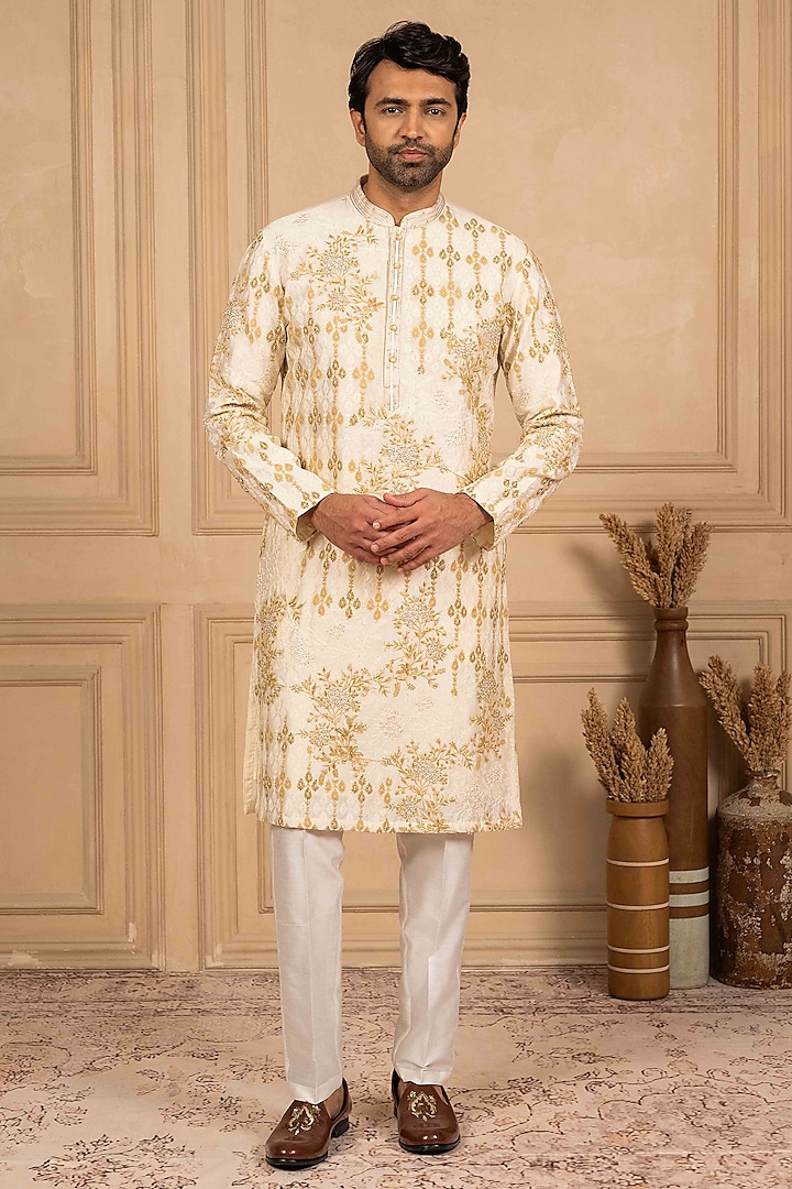 Ivory Kashmiri Fabric Marodi Embroidered Kurta Set by ADANI