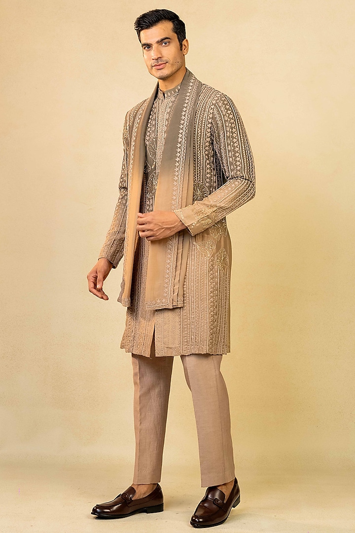 Golden & Brown Silk Marodi Embroidered Kurta Set by ADANI