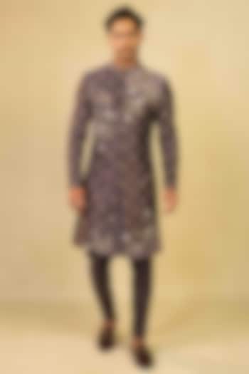 Dusty Purple Raw Silk Block Printed Indo-Western Set by ADANI