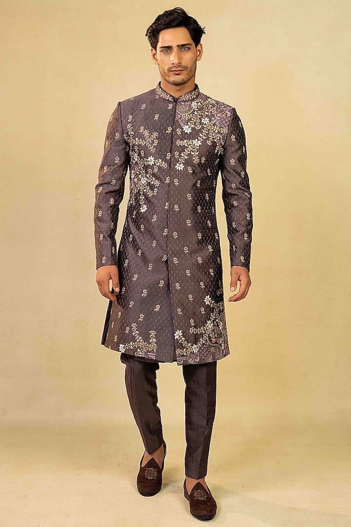Dusty Purple Raw Silk Block Printed Indo-Western Set by ADANI