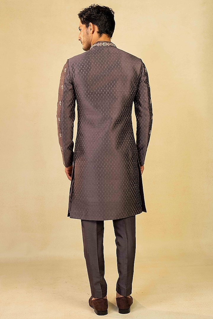Dusty Purple Raw Silk Block Printed Indo-Western Set by ADANI at Pernia's Pop Up Shop