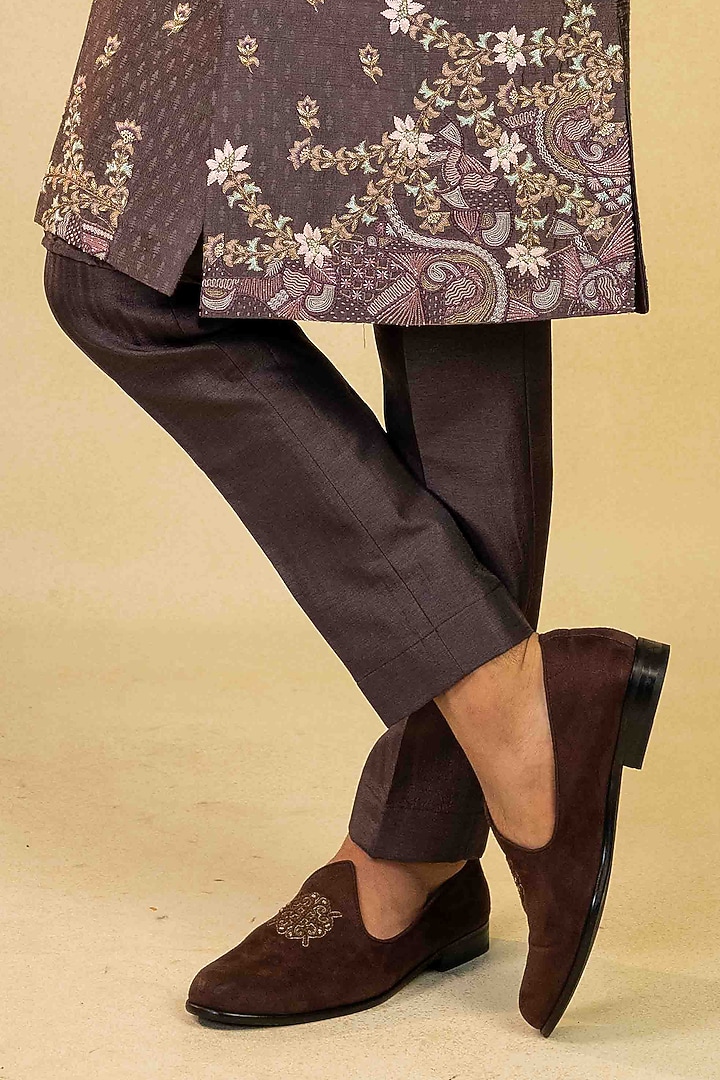 Dusty Purple Raw Silk Block Printed Indo-Western Set by ADANI at Pernia's Pop Up Shop