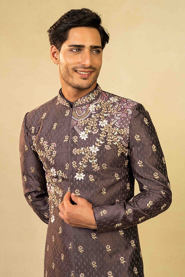 Dusty Purple Raw Silk Block Printed Indo-Western Set by ADANI at Pernia's Pop Up Shop