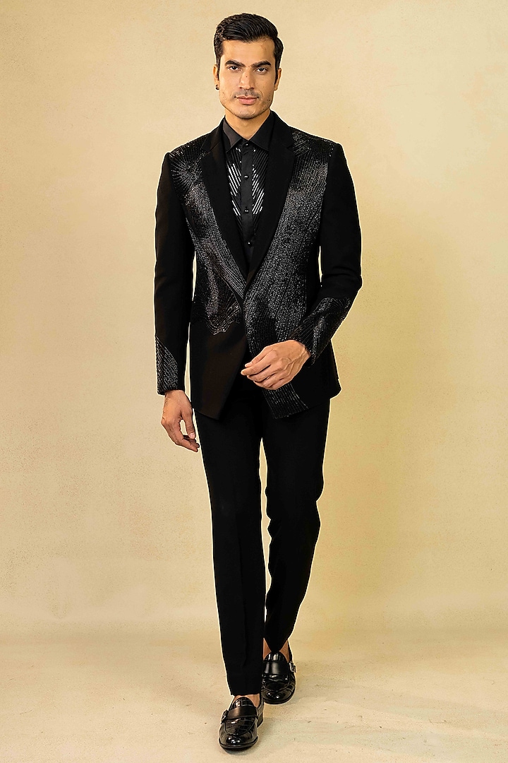 Black Poly Lycra Metallic Embroidered Waistcoat Set by ADANI
