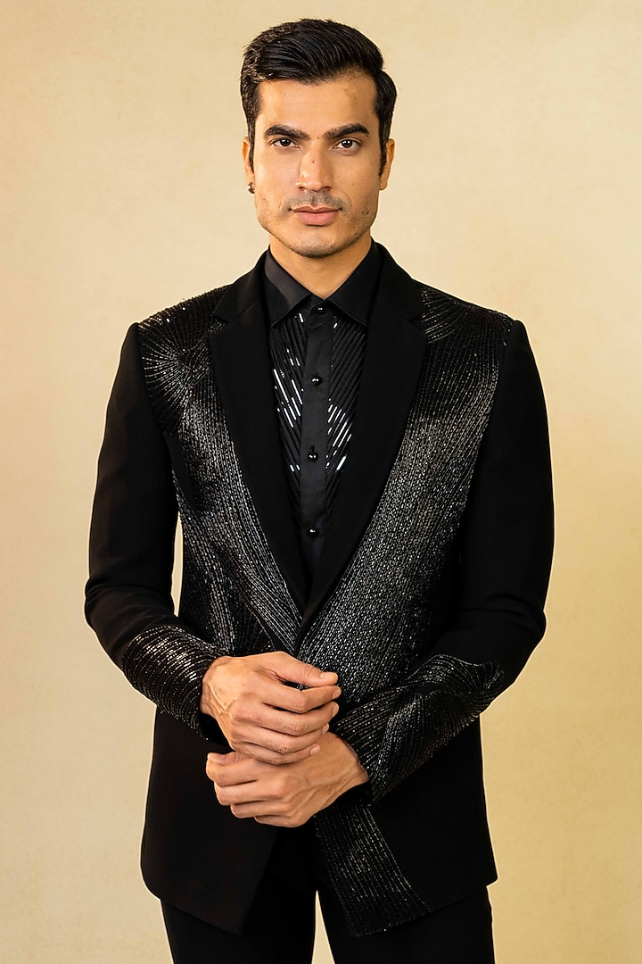 Black Poly Lycra Metallic Embroidered Waistcoat Set by ADANI at Pernia's Pop Up Shop
