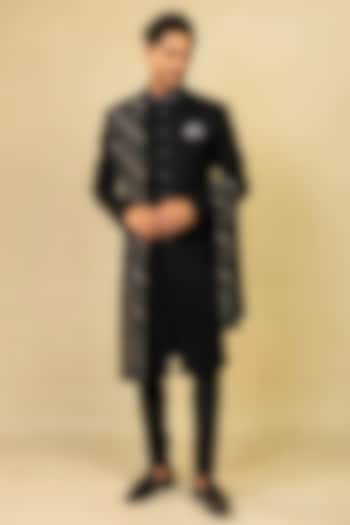 Black Matka Silk Embroidered Indo-Western Set by ADANI