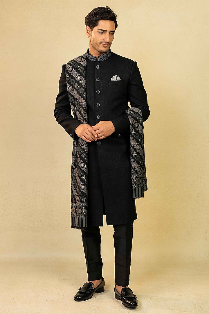 Black Matka Silk Embroidered Indo-Western Set by ADANI