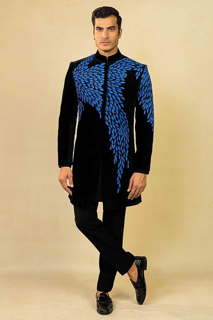 Black Velvet Hand Painted & Embroidered Indo-Western Set by ADANI