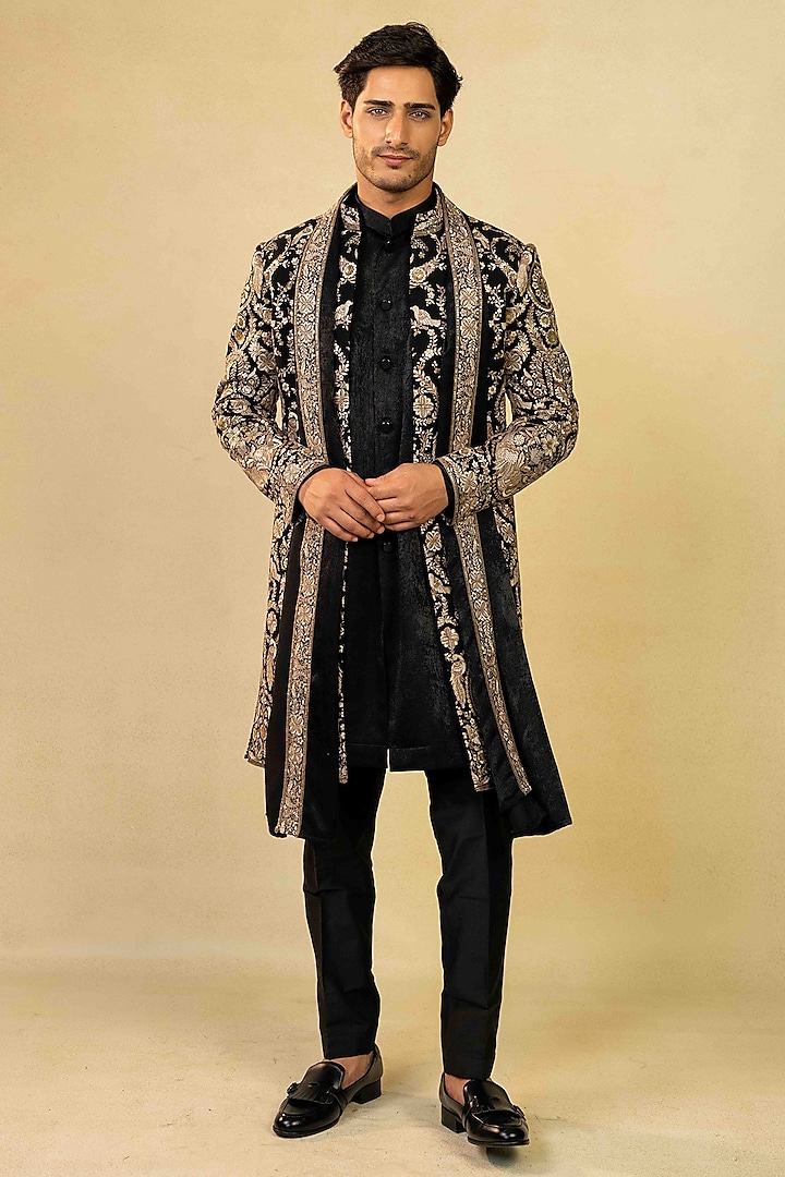Black Silk Sequins Embroidered Indo-Western Set by ADANI