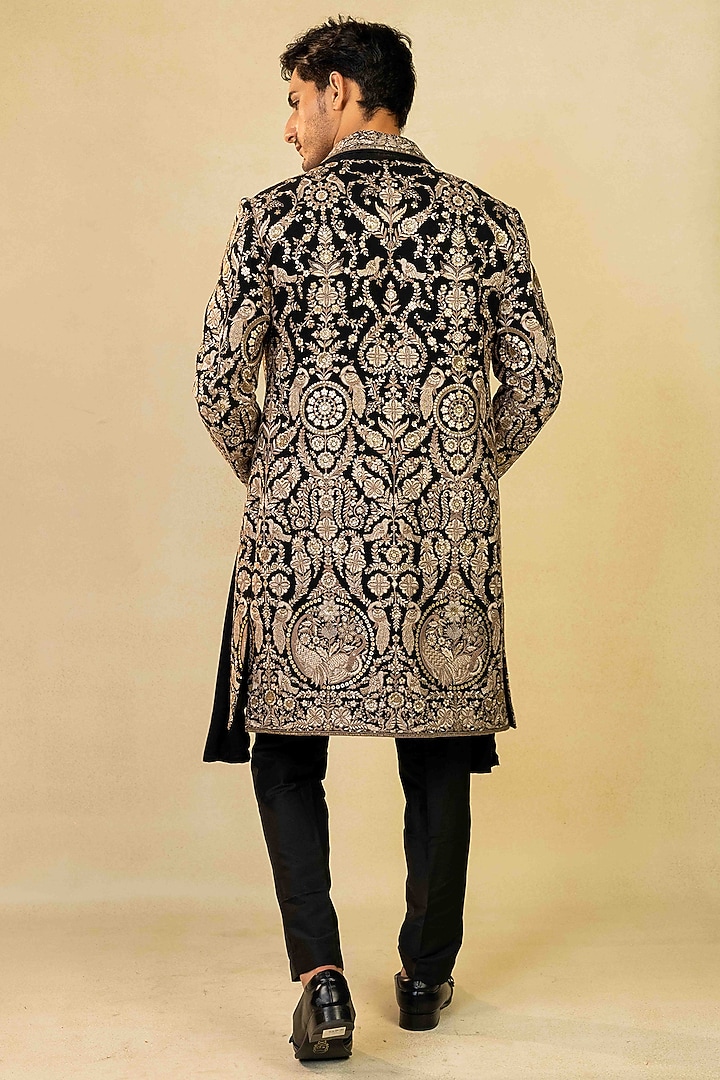 Black Silk Sequins Embroidered Indo-Western Set by ADANI at Pernia's Pop Up Shop