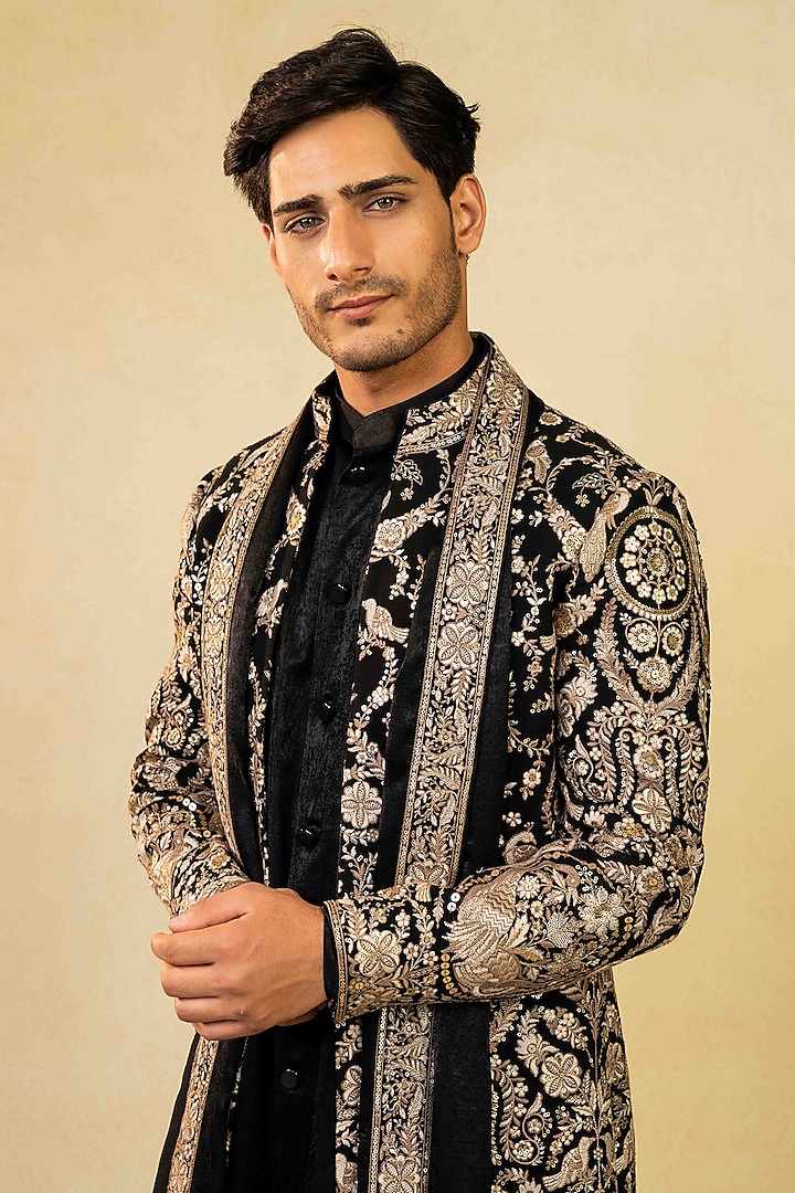 Black Silk Sequins Embroidered Indo-Western Set by ADANI at Pernia's Pop Up Shop
