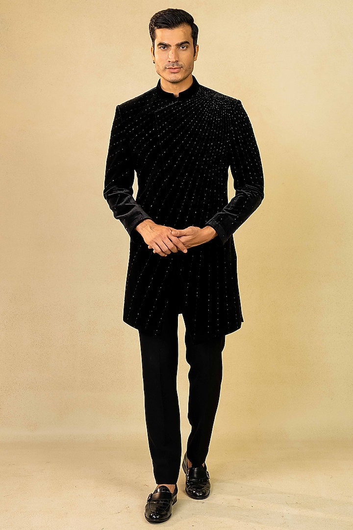 Black Velvet Pearl Embroidered Indo-Western Set by ADANI