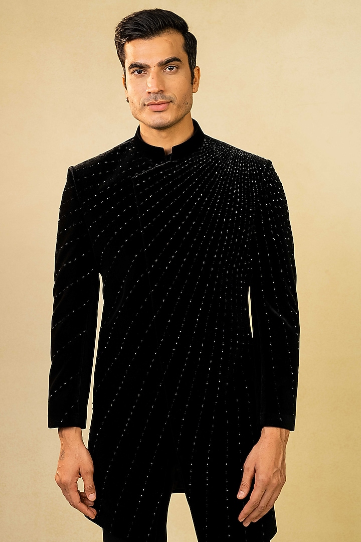 Black Velvet Pearl Embroidered Indo-Western Set by ADANI at Pernia's Pop Up Shop