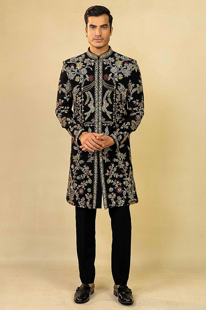 Black Georgette Cutdana Embroidered Indo-Western Set by ADANI
