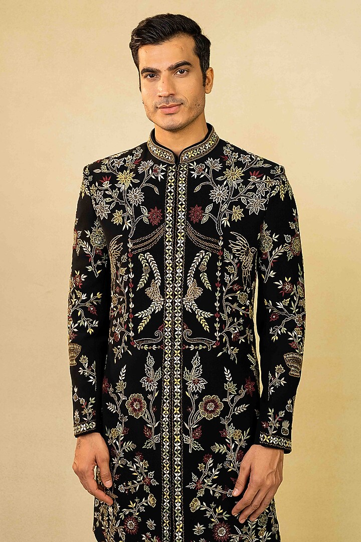 Black Georgette Cutdana Embroidered Indo-Western Set by ADANI at Pernia's Pop Up Shop