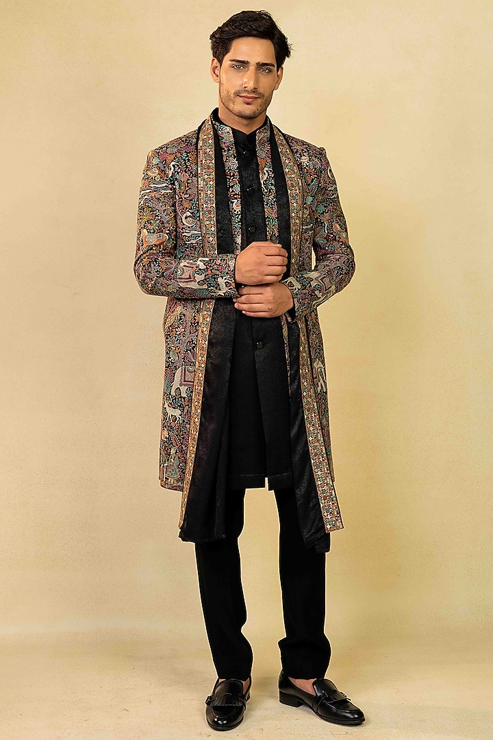 Black Silk Resham Embroidered Indo-Western Set by ADANI