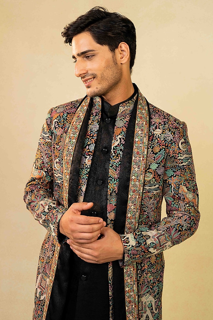 Black Silk Resham Embroidered Indo-Western Set by ADANI at Pernia's Pop Up Shop