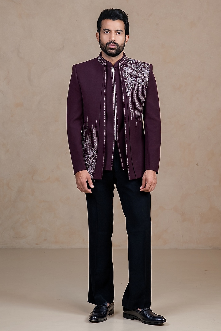 Wine Polyester Lycra Hand Embroidered Wedding Indowestern Set by ADANI at Pernia's Pop Up Shop