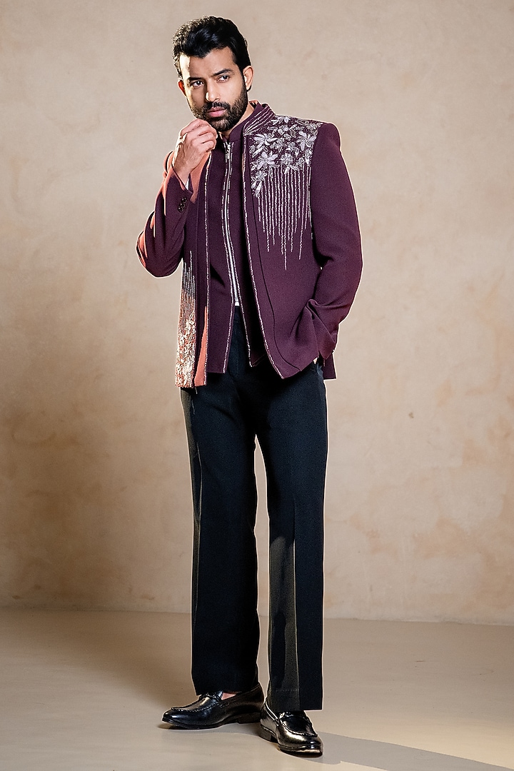 Wine Polyester Lycra Hand Embroidered Wedding Indowestern Set by ADANI at Pernia's Pop Up Shop