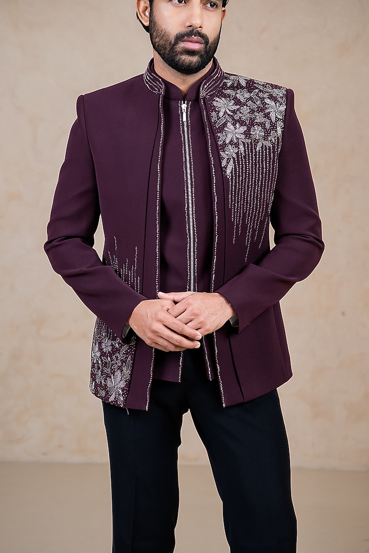 Wine Polyester Lycra Hand Embroidered Wedding Indowestern Set by ADANI at Pernia's Pop Up Shop