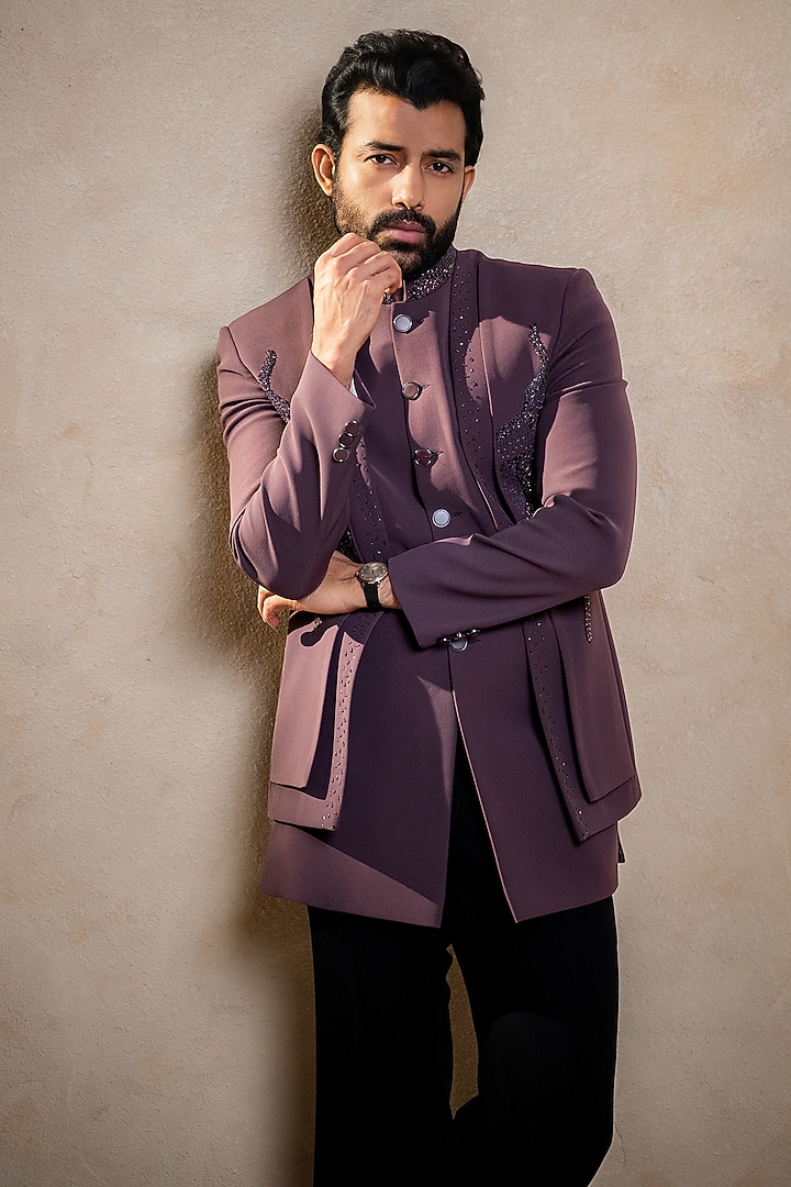Dark Lavender Polyester Lycra Handwork Wedding Indowestern Set by ADANI at Pernia's Pop Up Shop